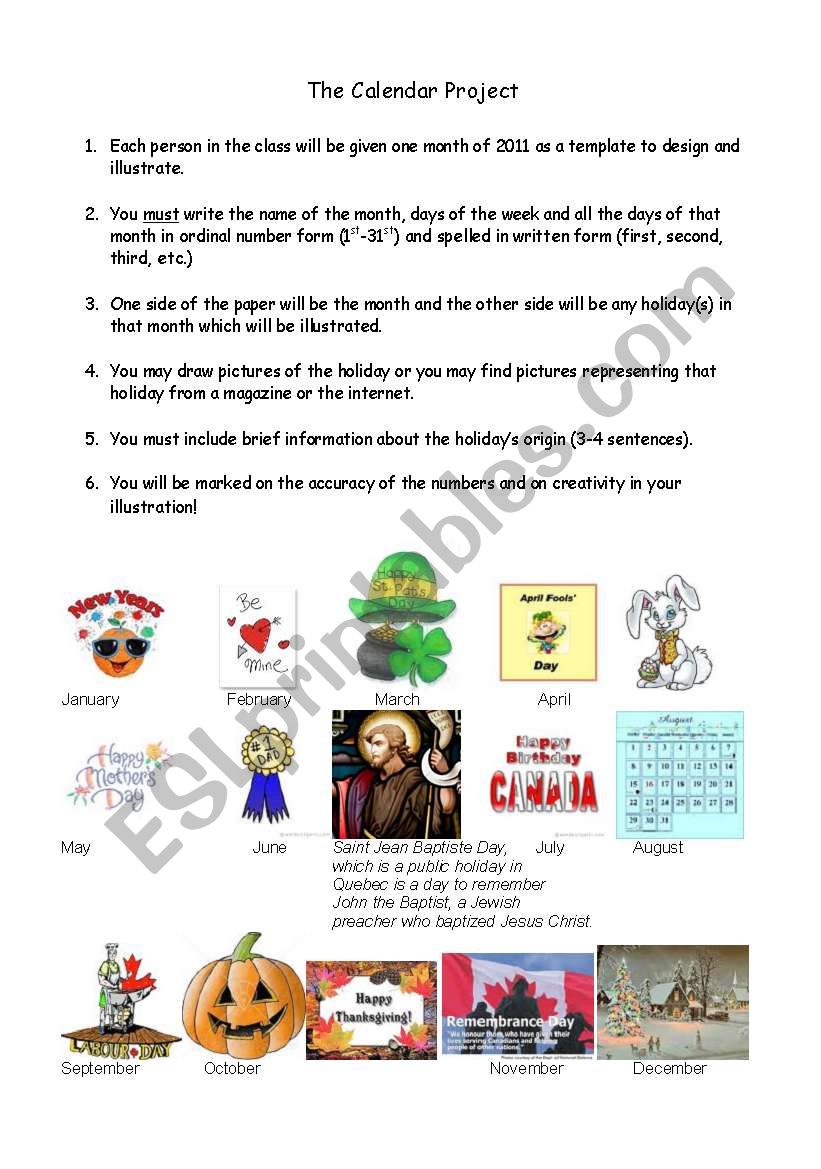 The Calendar Project worksheet