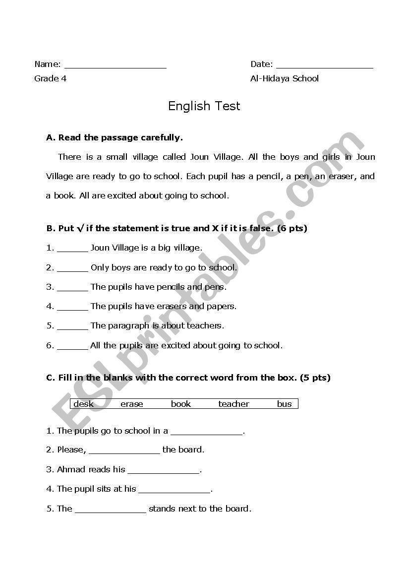 English Test worksheet