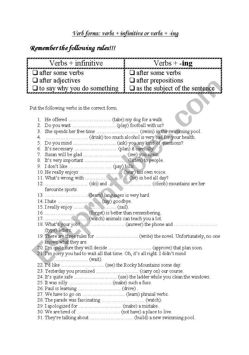 Verb forms: verbs + infinitive or verbs + -ing