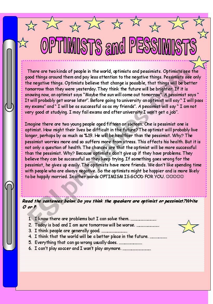 reading text about optimism and pessimism (3 pages with questions and group works)