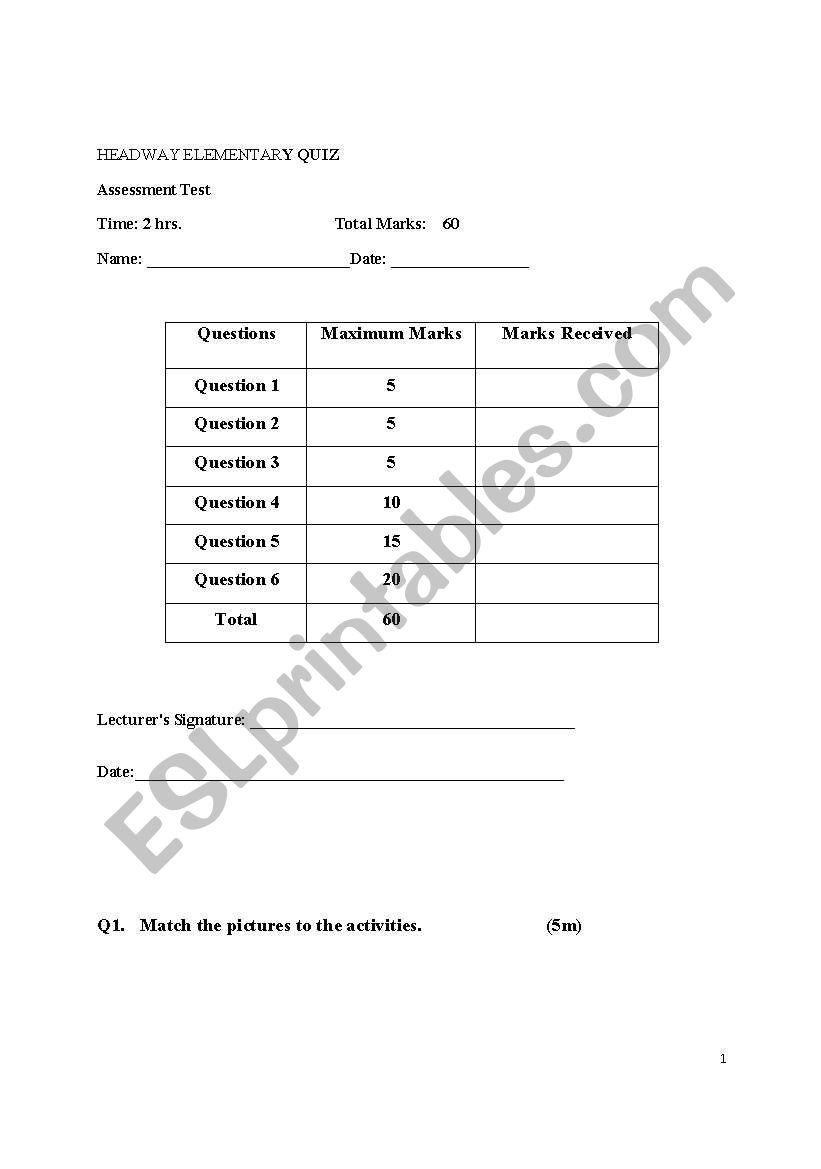 NEW HEADWAY QUIZ worksheet