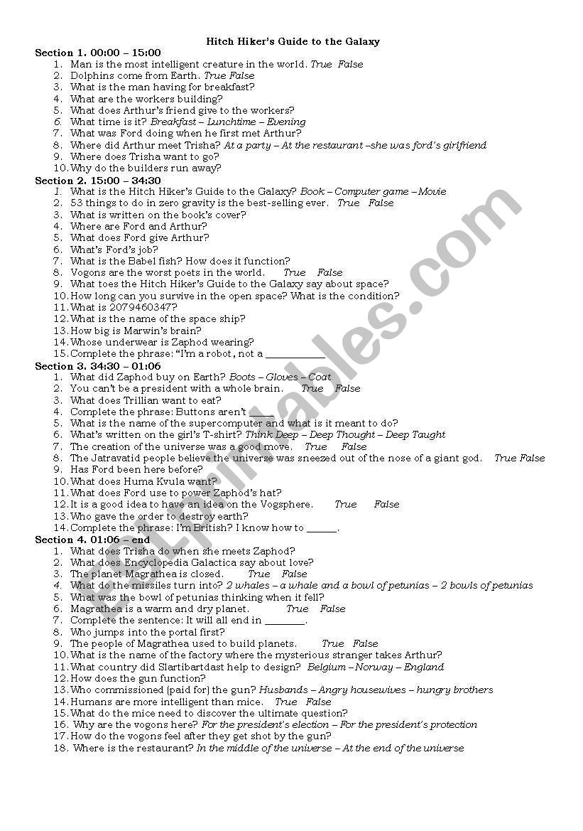 Hitch Hikers Guide to the Galaxy (2005) worksheet