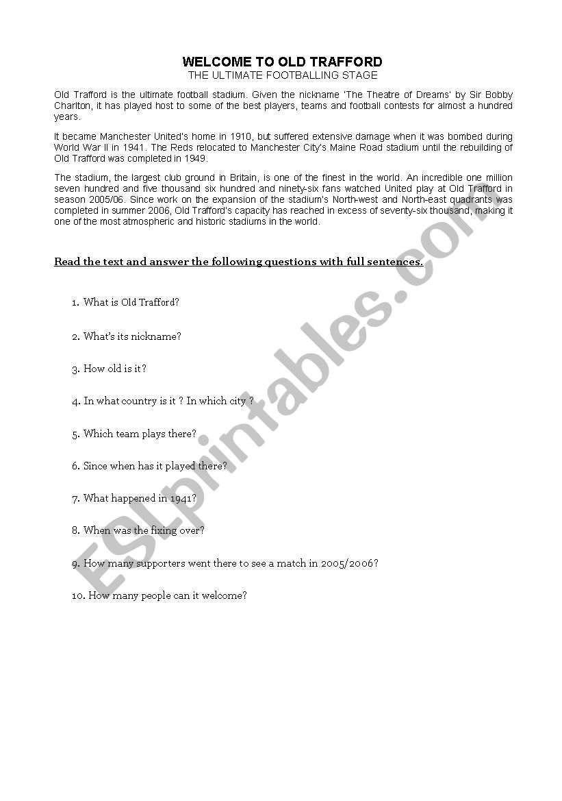 Old Trafford stadium worksheet