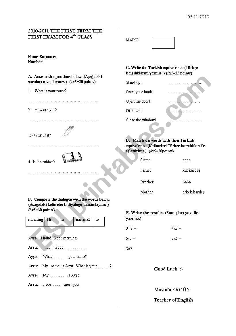 the first term first exam for 4th class