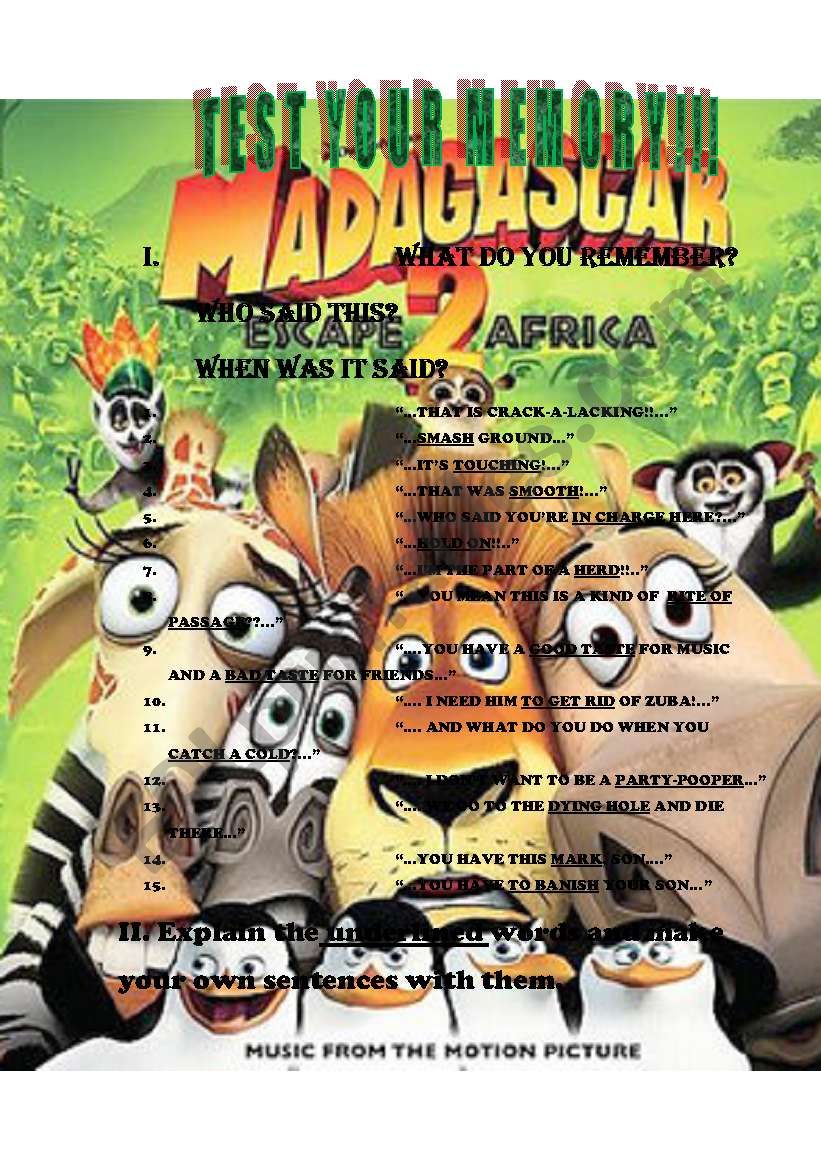 MADAGASCAR 2: test your memory - ESL worksheet by mifonok05 MADAGASCAR 2: test your memory - ESL worksheet by mifonok05