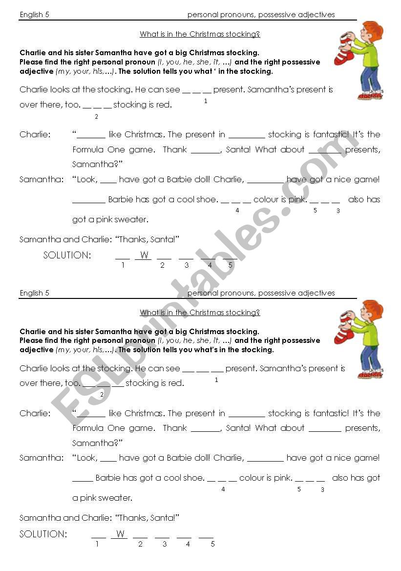 Christmas stocking, pronouns worksheet