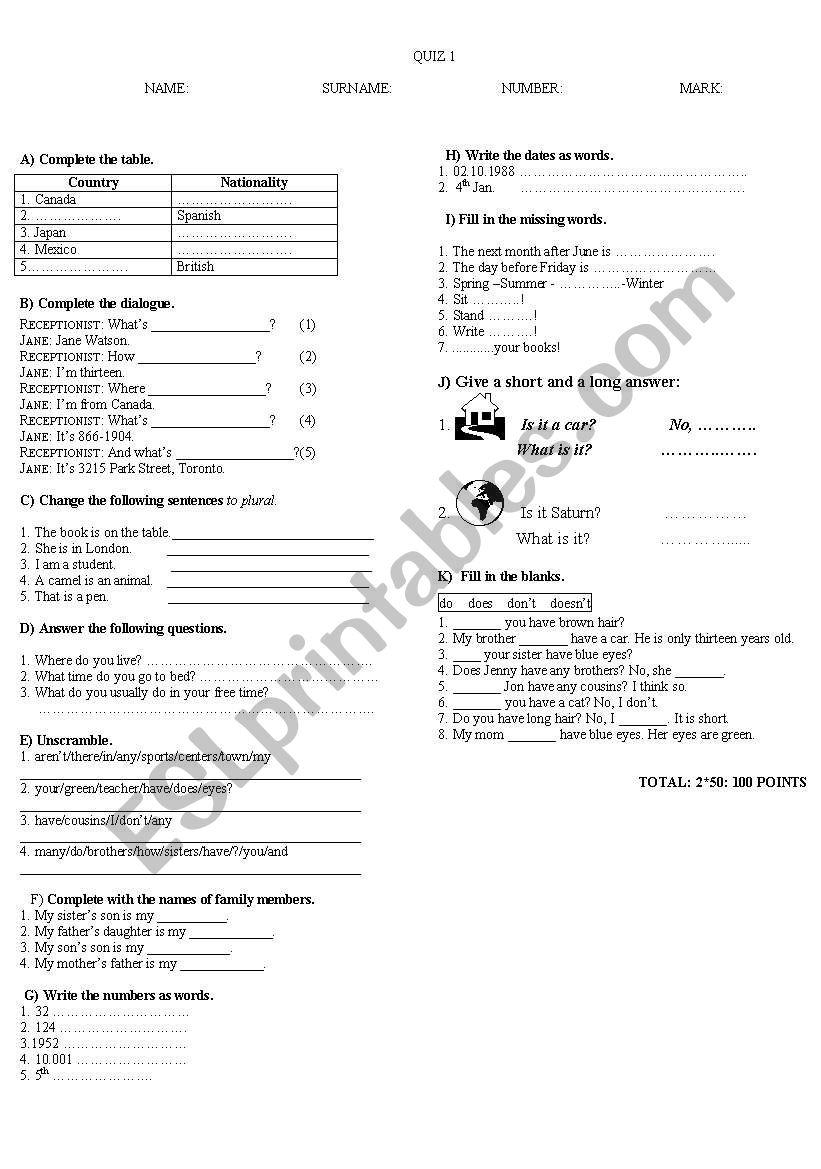 quiz for grade 9 worksheet