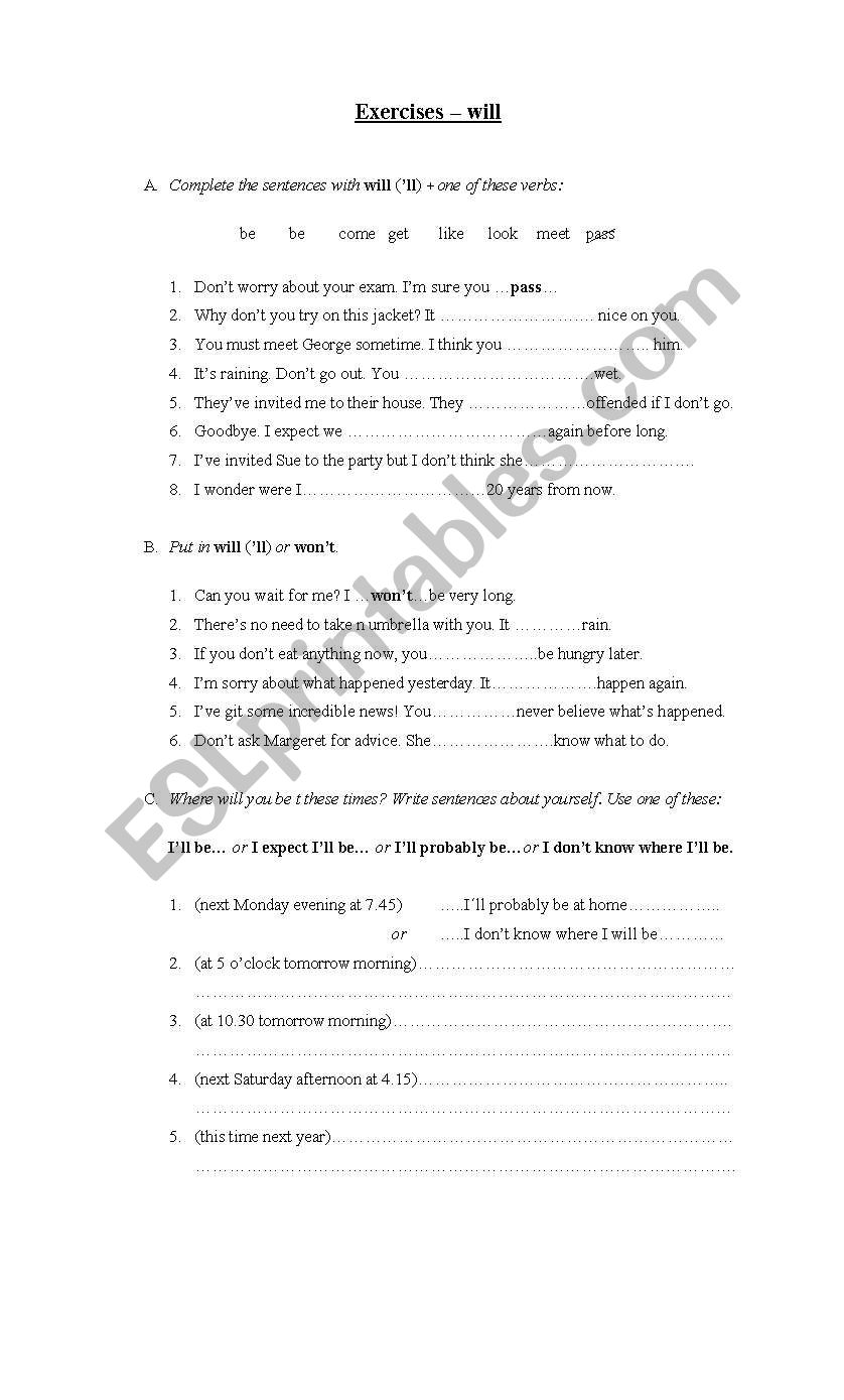 Will exercise worksheet