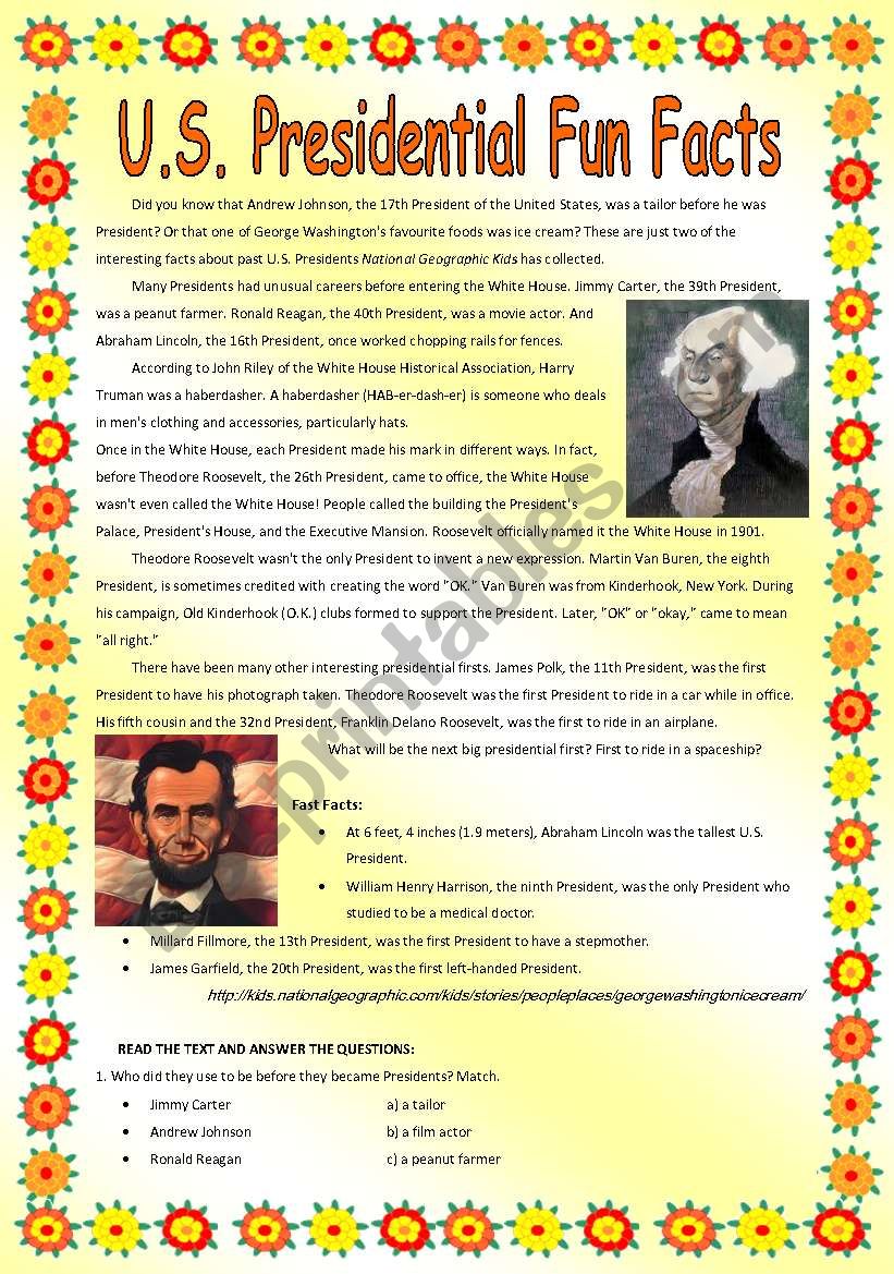 US Presidential Fun Facts worksheet