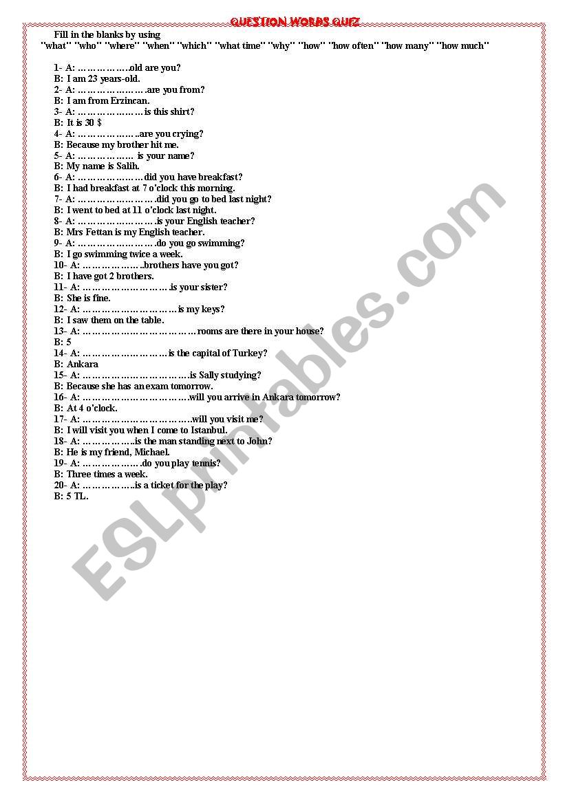 question word quiz worksheet