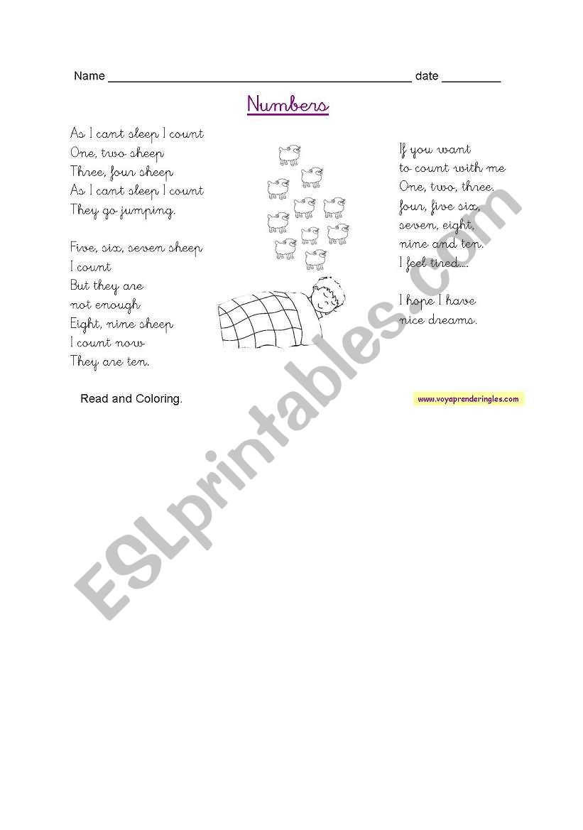 reading - numbers worksheet