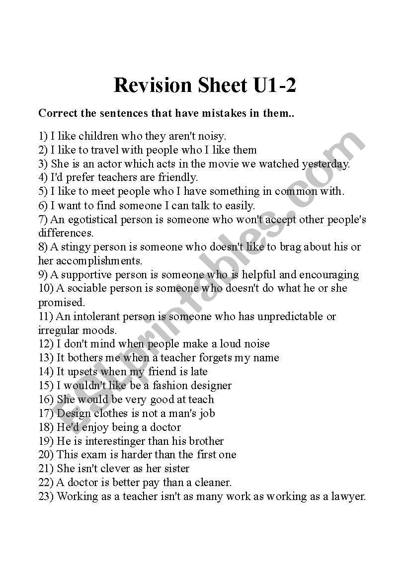 Cambridge interchange level 3 revision sheet U1-U2