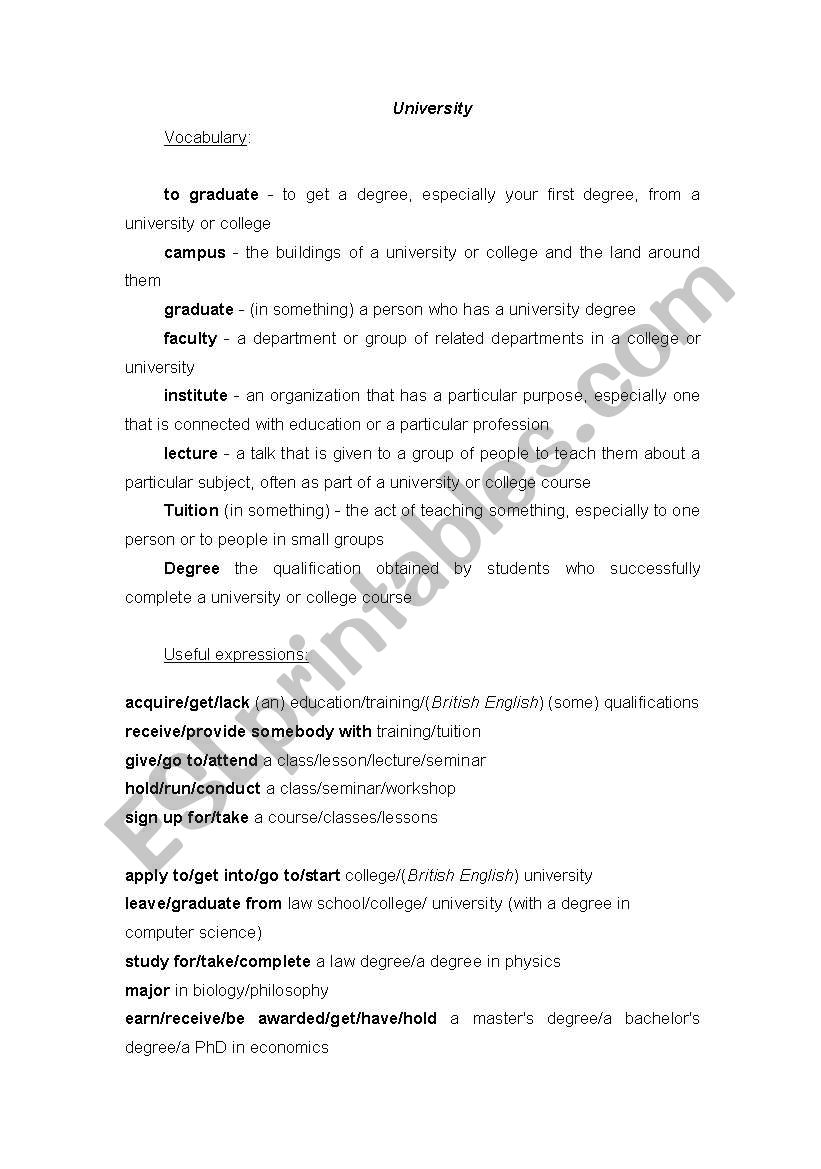 University - vocabulary worksheet