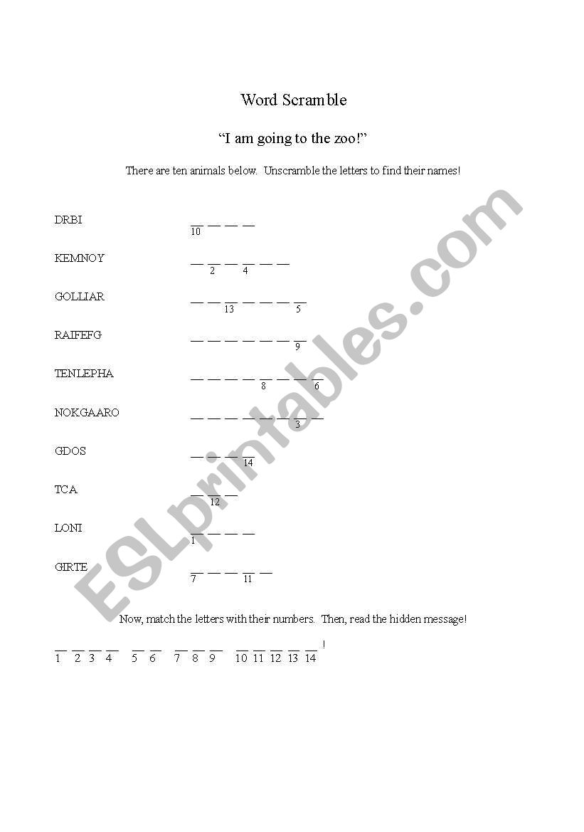 Animal Word Scramble worksheet