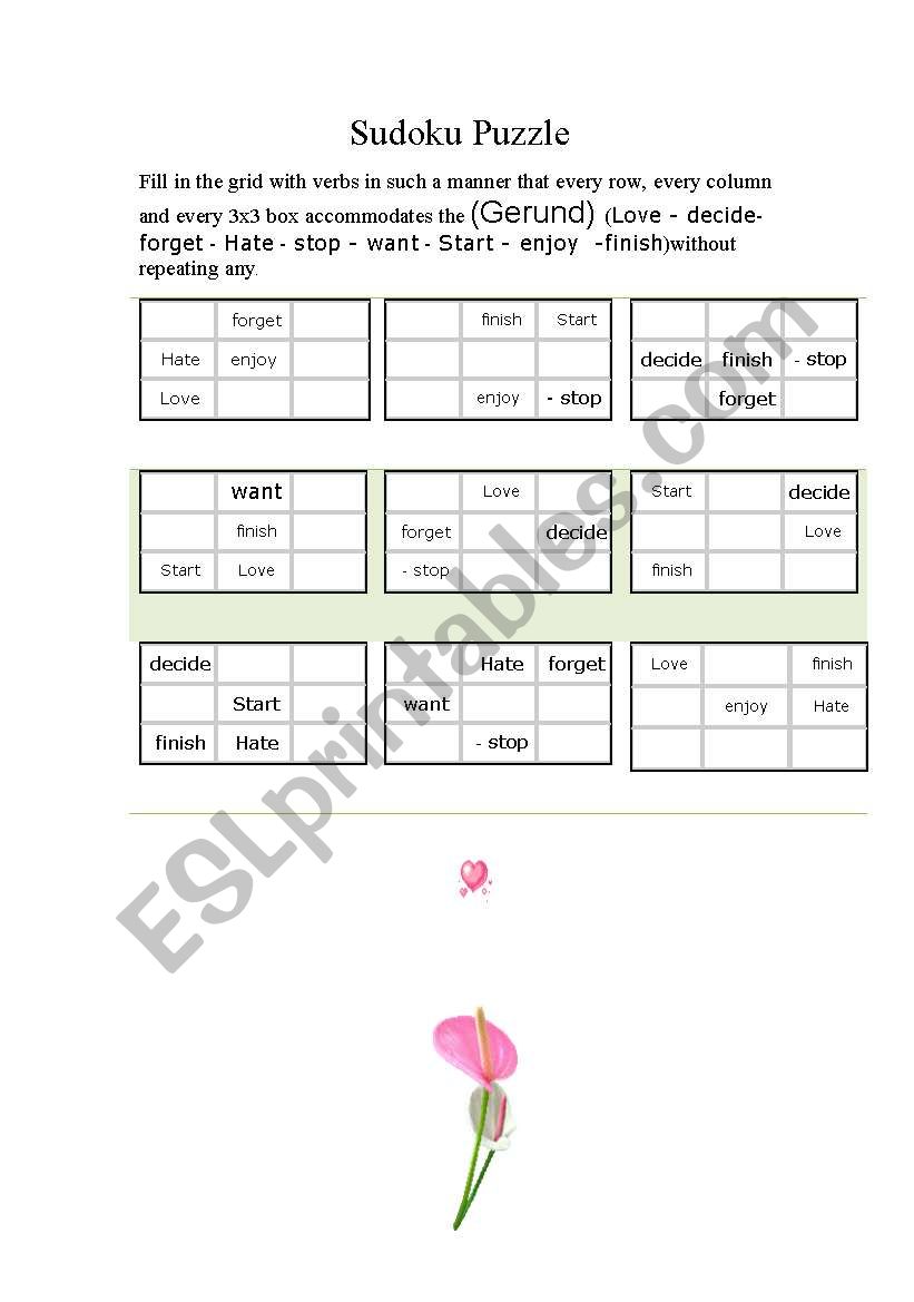 Game --Sudoku Puzzle (Gerund) worksheet