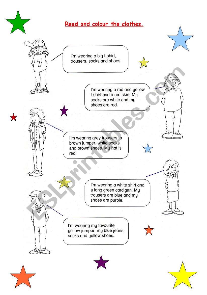 Read and colour the clothes worksheet