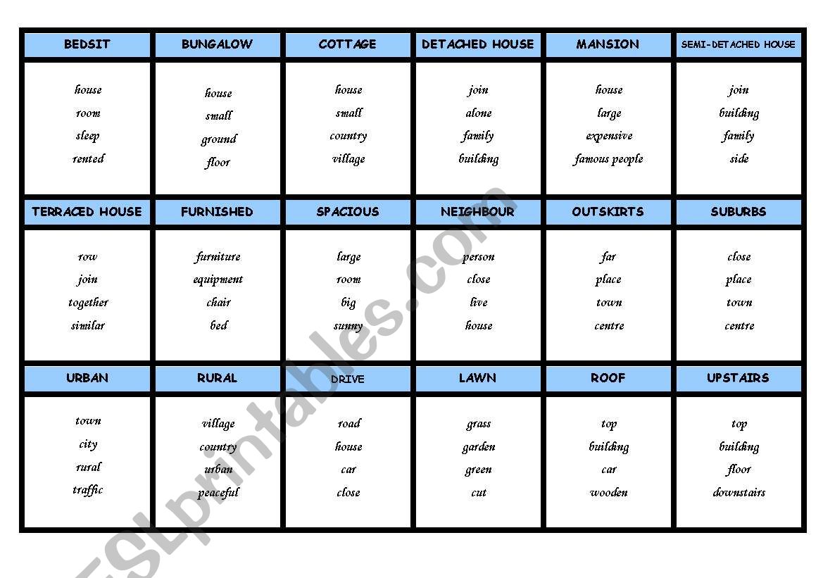 House - taboo cards worksheet