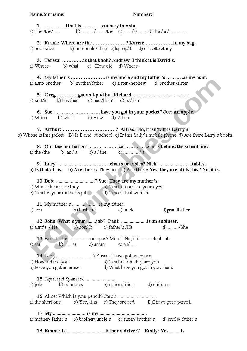 revision test worksheet