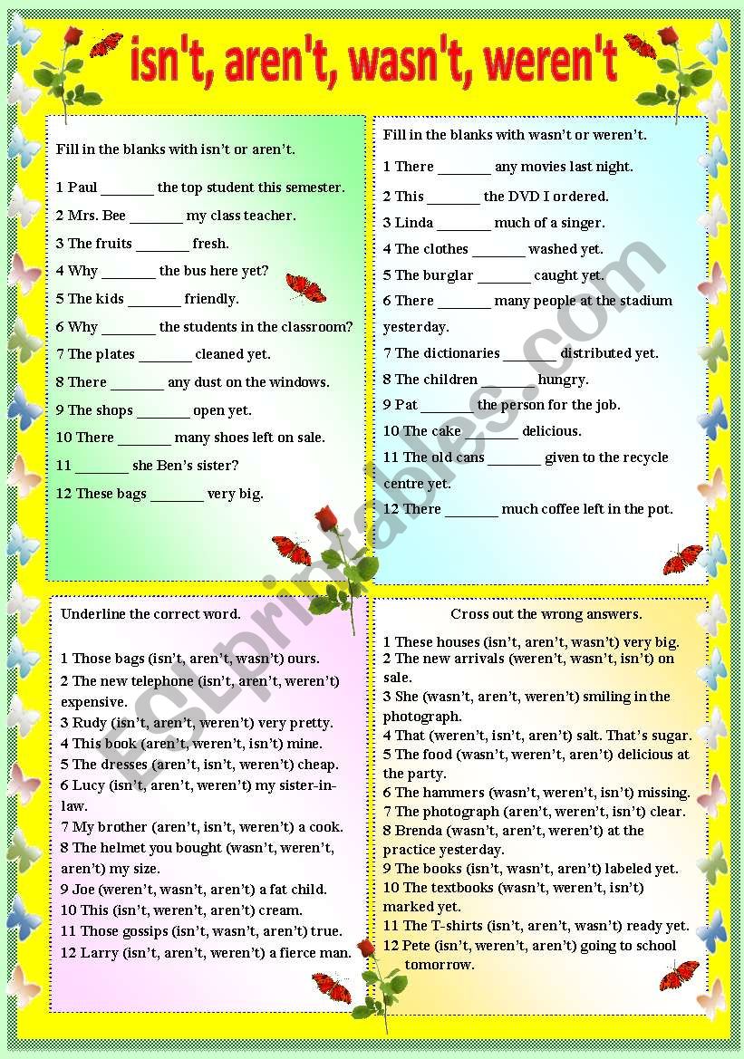 ISN´T, AREN´T, WASN´T, WEREN´T WITH B/W VERSION AND ANSWER KEY ESL