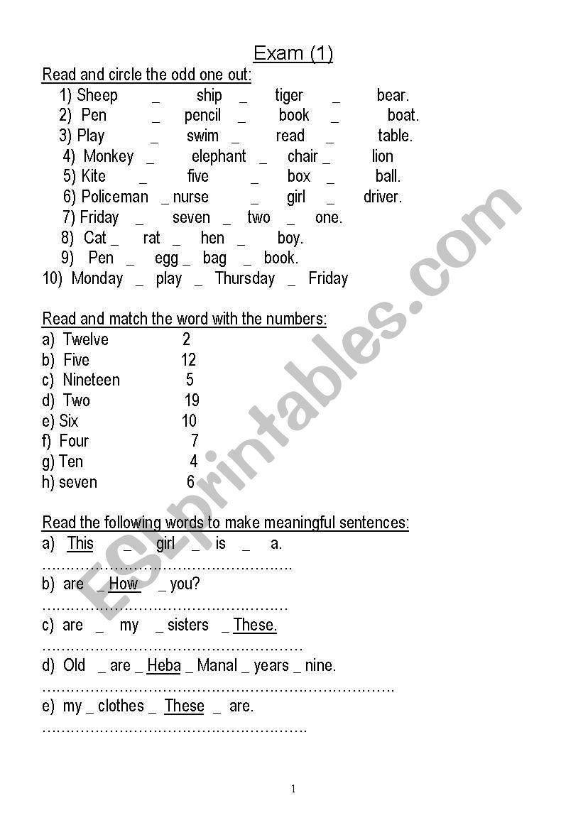 exam worksheet