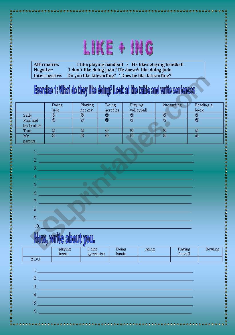 LIKE VERB ING ESL Worksheet By Iris 85