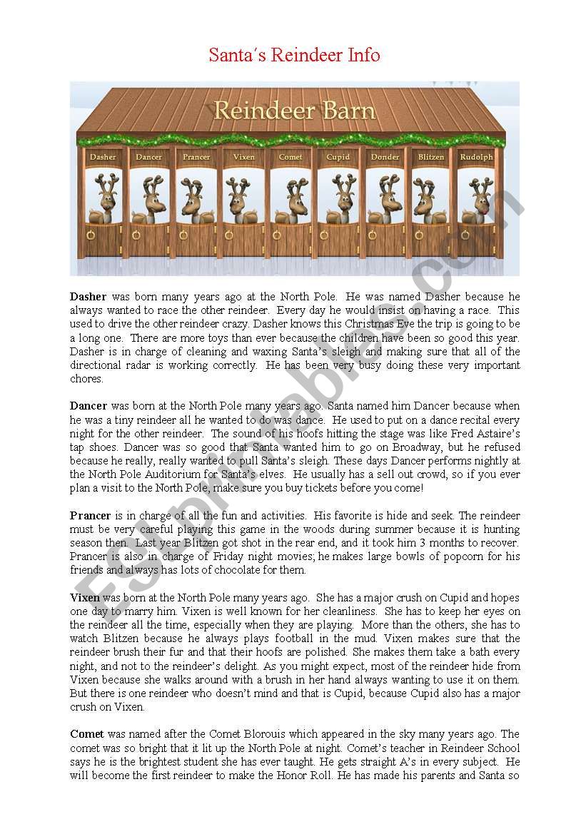 Santas Reindeer Info worksheet