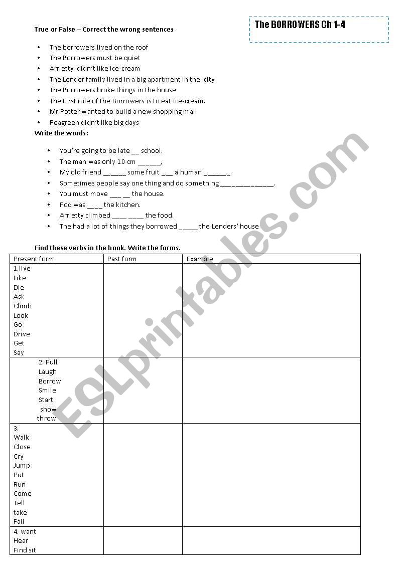 The Borrowers Chapter 1-4 worksheet