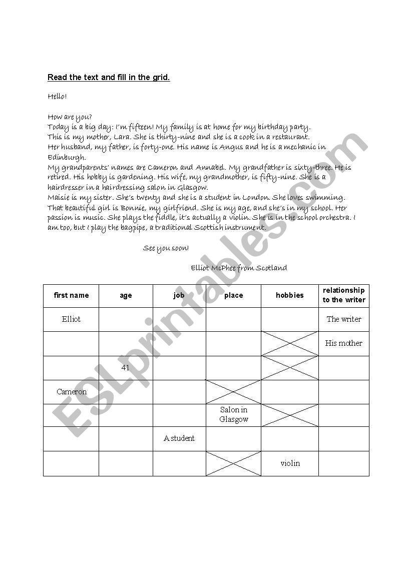 A letter from Scotland worksheet