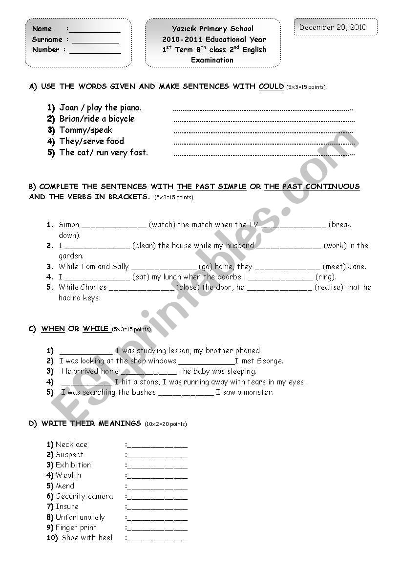 1st Term 8th class 2nd English Examination