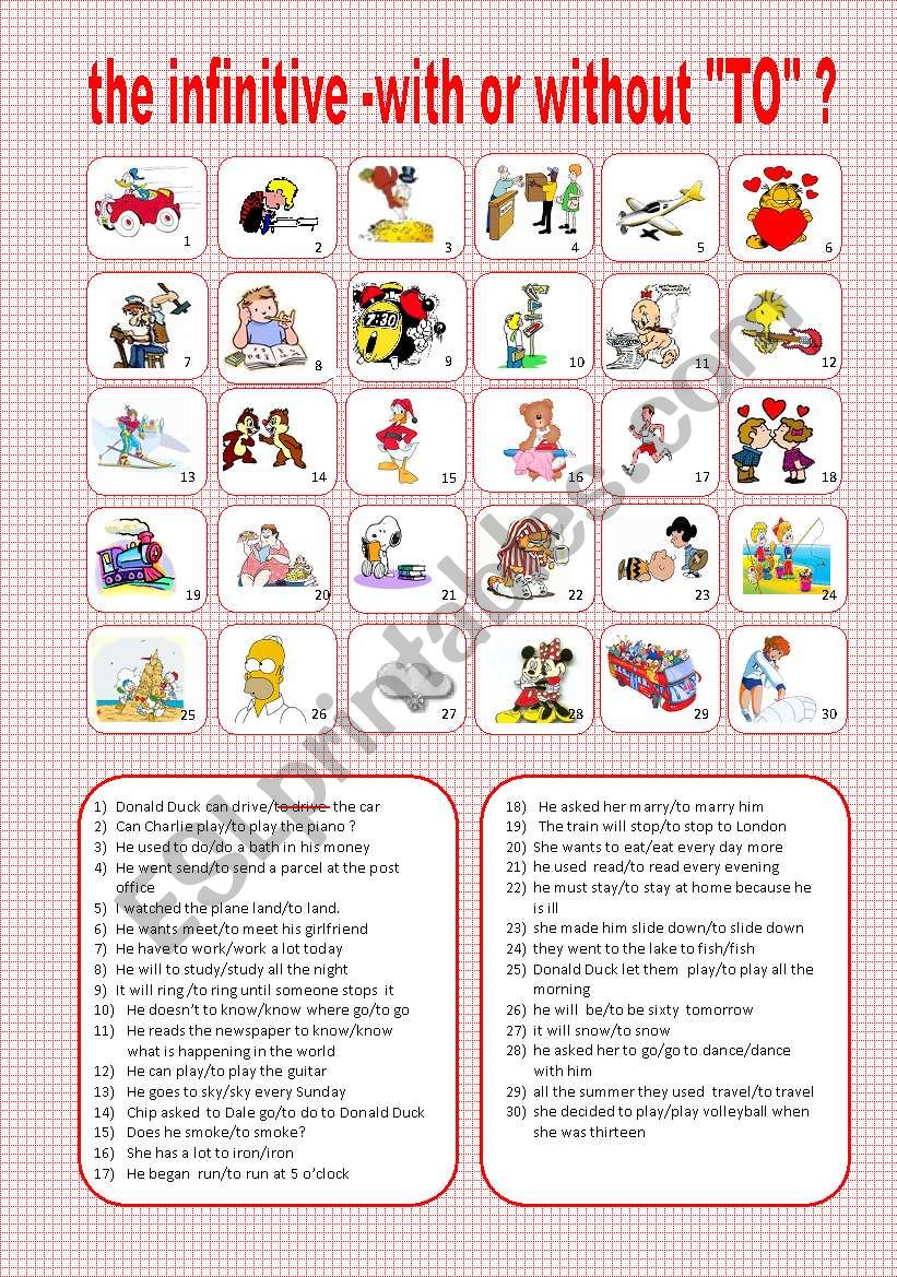 Infinitives With To And Without To the infinitive -WITH OR WITHOUT ´´TO´´ ?? - ESL worksheet by saladinos