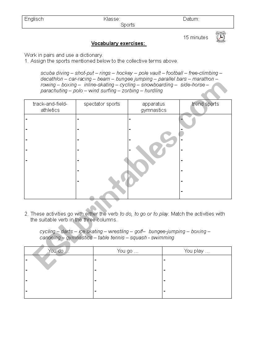 sport worksheet