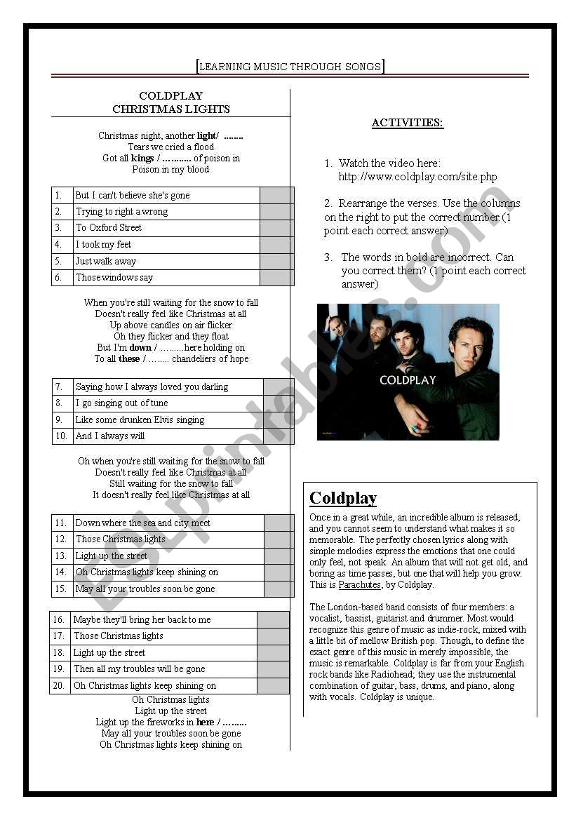 COLDPLAY: CHISTMAS LIGHTS worksheet