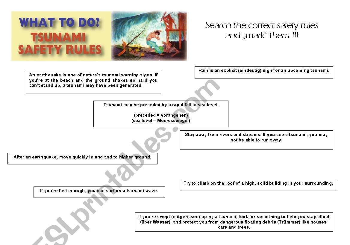 Tsunami - safety rules worksheet