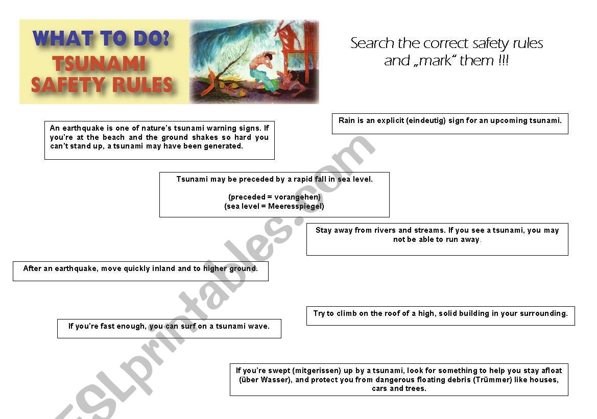 Tsunami - safety rules worksheet