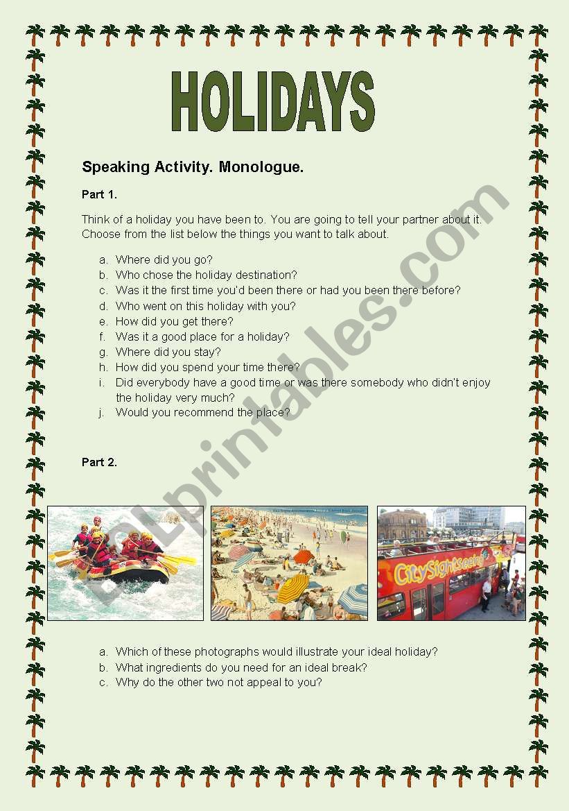 Holidays speaking activity worksheet