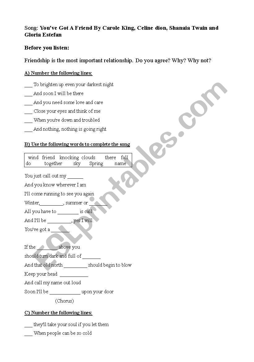 song Youve got a friend worksheet