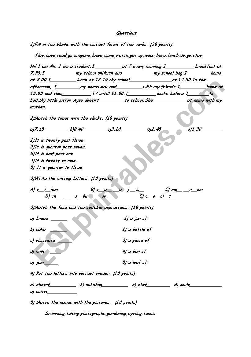 6th grade quiz paper worksheet