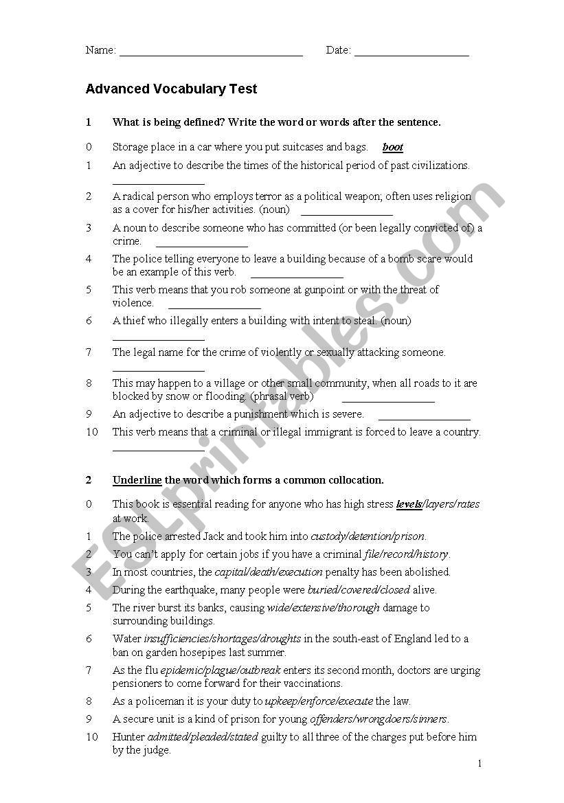 ADVANCED VOCABULARY TEST worksheet