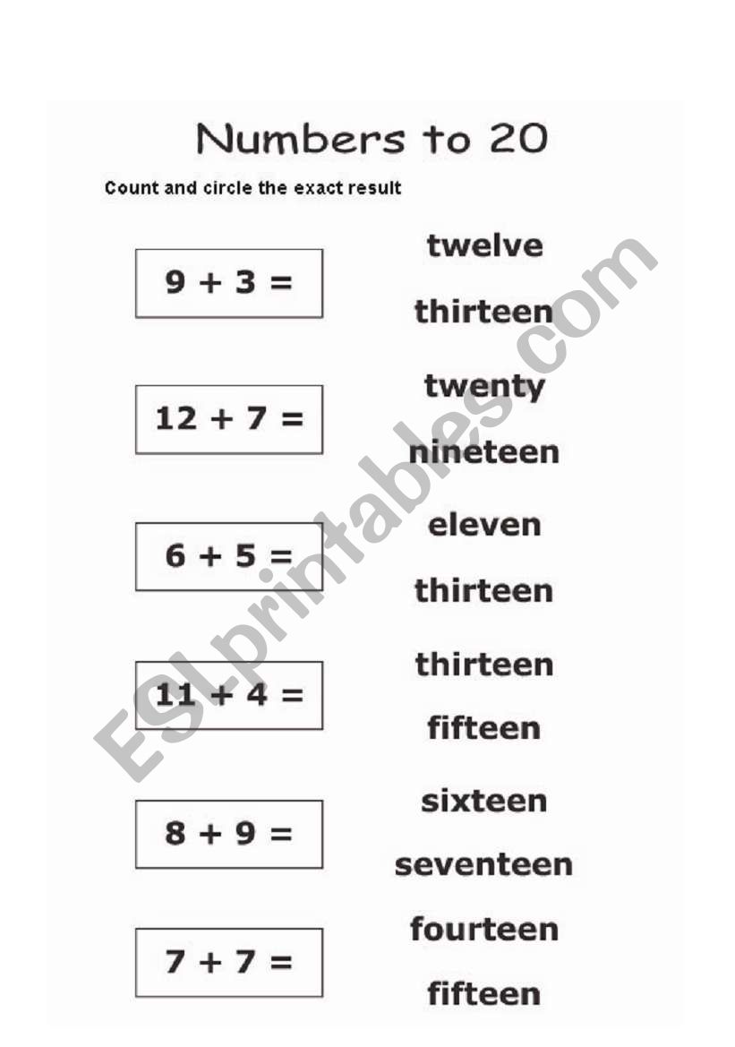 Numbers to 20 worksheet