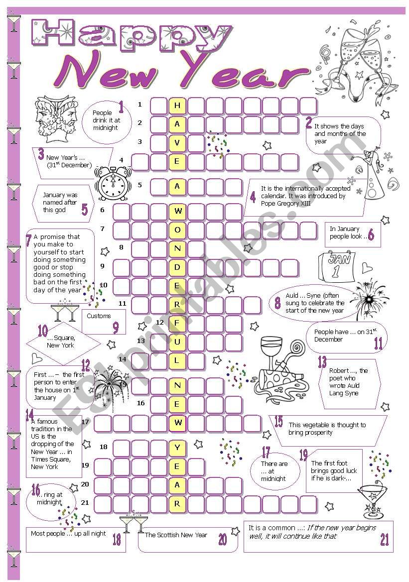 New Year crossword worksheet