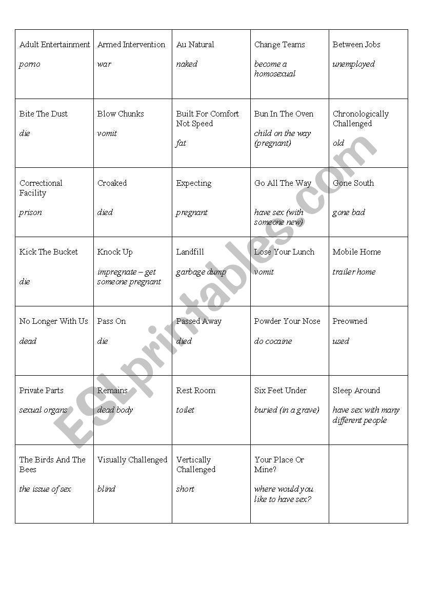 Euphemisms worksheet