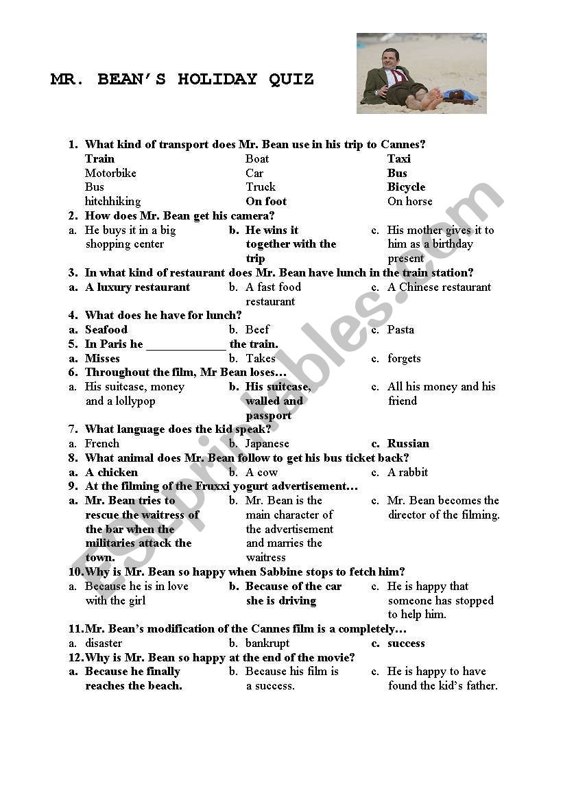 Mr. Beans Holiday Quiz worksheet