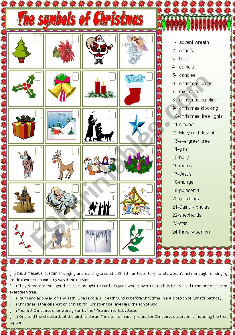 Xmas set 1 - The symbols of Christmas - 2 pages + key (editable)