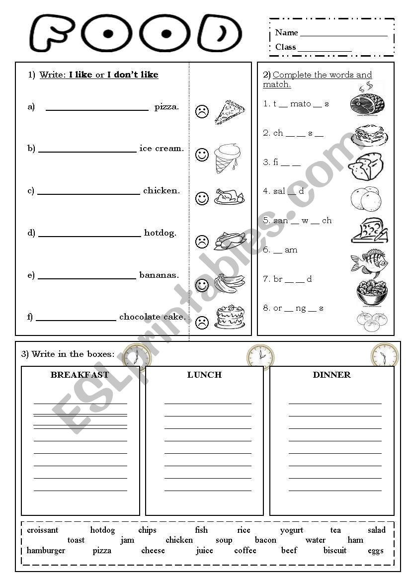 I like - I dont like FOOD worksheet