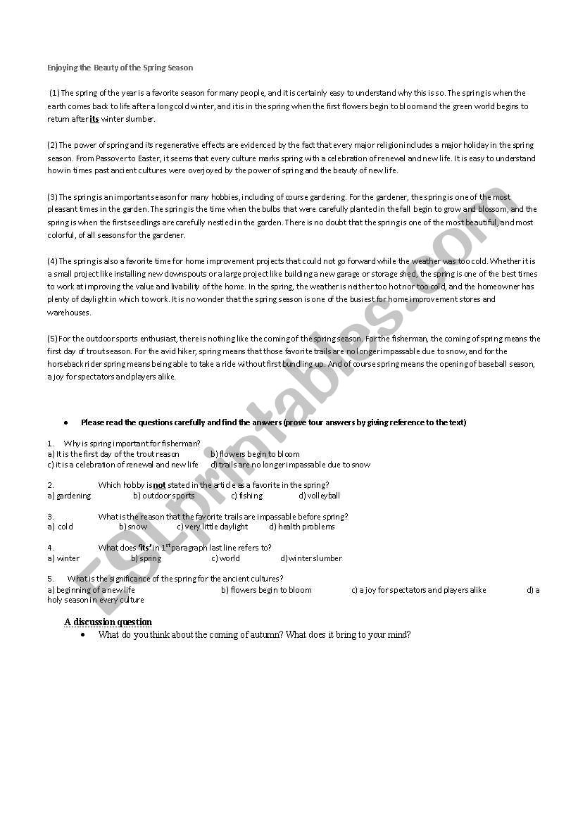 The Spring Season worksheet