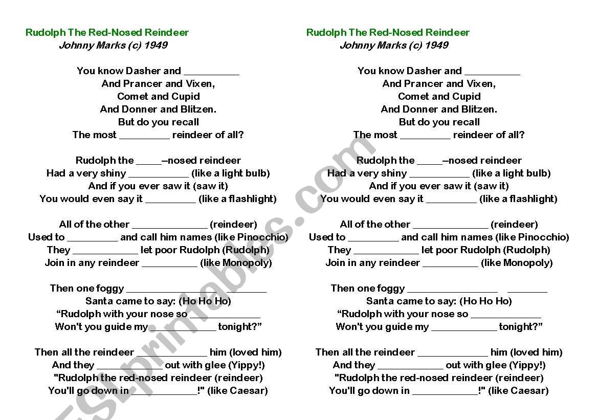 Rudolph Christmas Carol Lyrics Worksheet (fill in the blank)