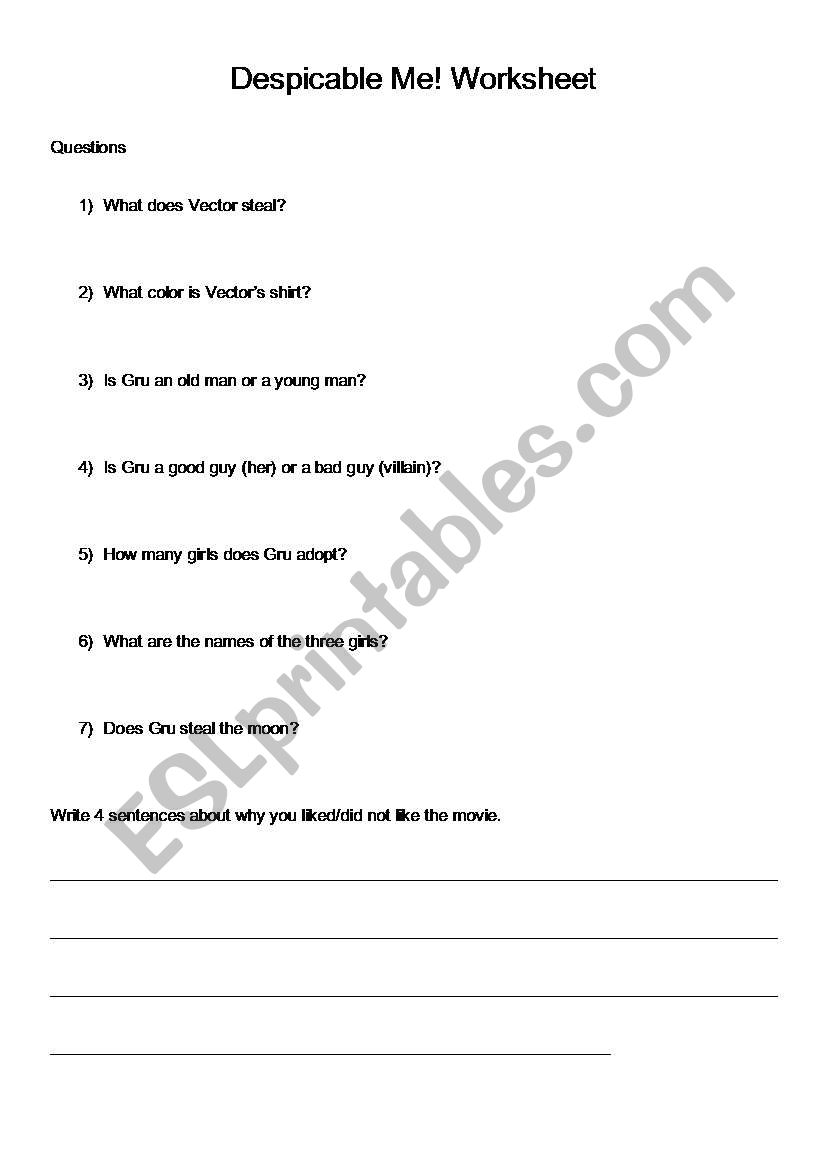 Despicable Me! Questions worksheet