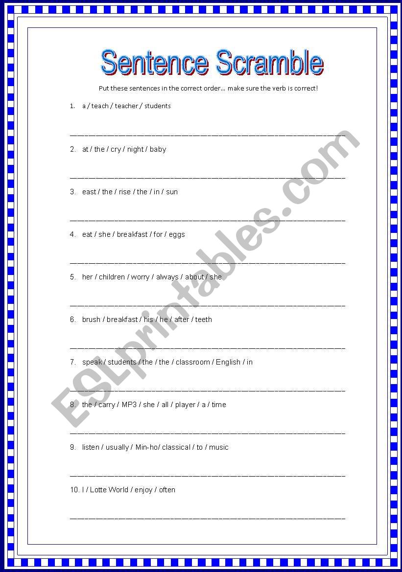 Sentence scramble worksheet