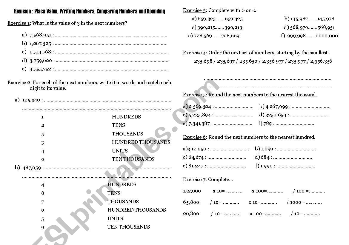 Numbers exam worksheet