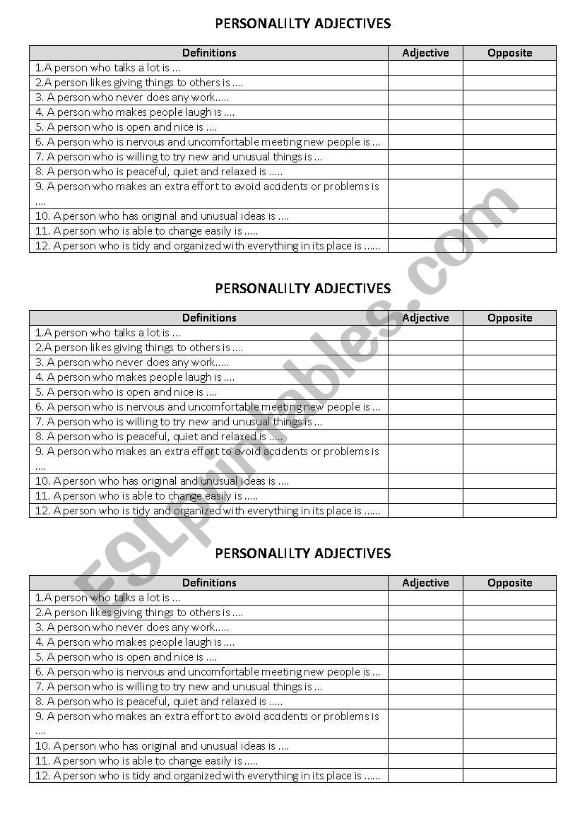 Personality adjectives worksheet